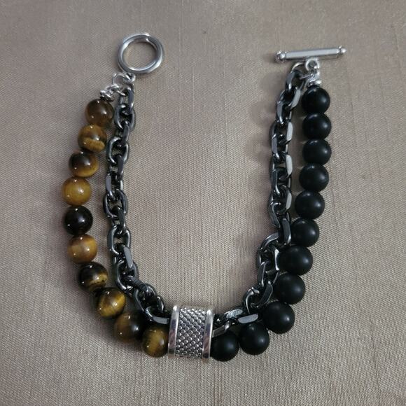 Tigers eye and onyx layered chain and gemstone beaded bracelet - Picture 2 of 3